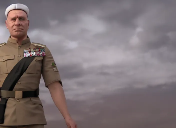 Image similar to proud general wearing a white tunic uniform, no medals, no epaulettes, his arms are behind his back, ultra realistic, 4 k, movie still, uhd, sharp, detailed, cinematic, render, modern