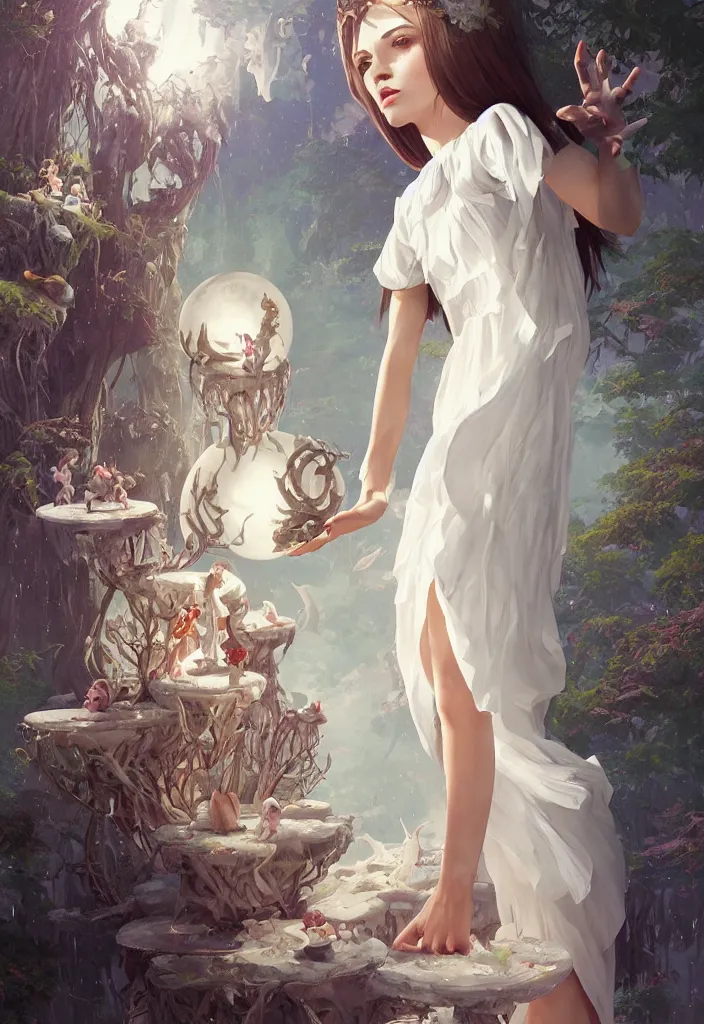 Image similar to full body picture of a white dress witch, standing on a floating greed cubes with monster companions, model pose, very brightening eyes, huge magic circles on the hand, magic and fantasy, extremely beautiful and aesthetic and detailed cute face, specular reflection, occlusion shadow, intricate, masterpiece, by ilya kuvshinov and jeremy lipking and quentin mabille