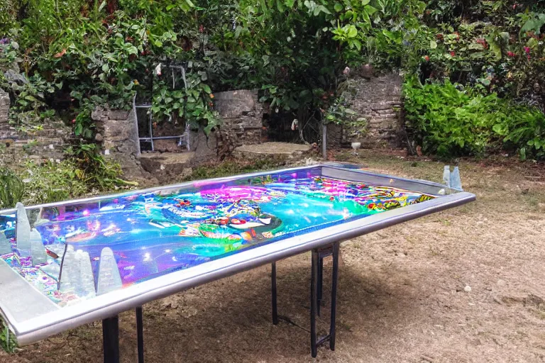 Prompt: hologram al fresco pinball table in the garden ruins, fantasy street urchins gathered round