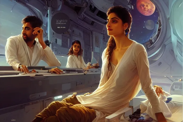 Prompt: Sensual good looking pale young Indian doctors wearing jeans partying in a space station above Earth performing surgery, portrait, elegant, intricate, digital painting, artstation, concept art, smooth, sharp focus, illustration, art by artgerm and greg rutkowski and alphonse mucha