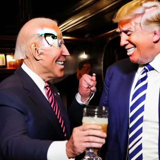 Image similar to joe biden and donald trump getting drunk together at a pub, laughing and joking, at night