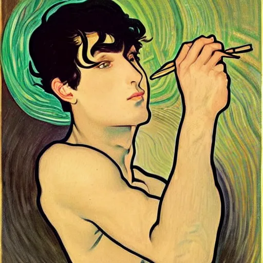 Prompt: painting of handsome beautiful dark haired man in his 2 0 s named shadow taehyung at the cucumber soup party, elegant, clear, painting, stylized, delicate, soft facial features, art, art by alphonse mucha, vincent van gogh, egon schiele,