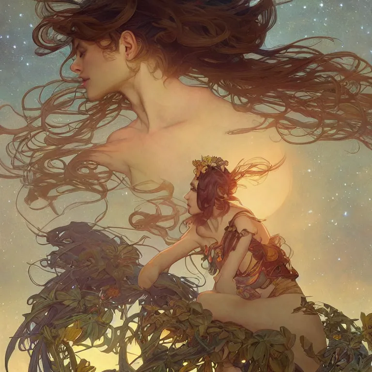 Prompt: Pandora dreaming against the backdrop of the universe, full body, digital painting, artstation, concept art, sharp focus, cinematic lighting, illustration, art by artgerm and greg rutkowski, alphonse mucha, cgsociety