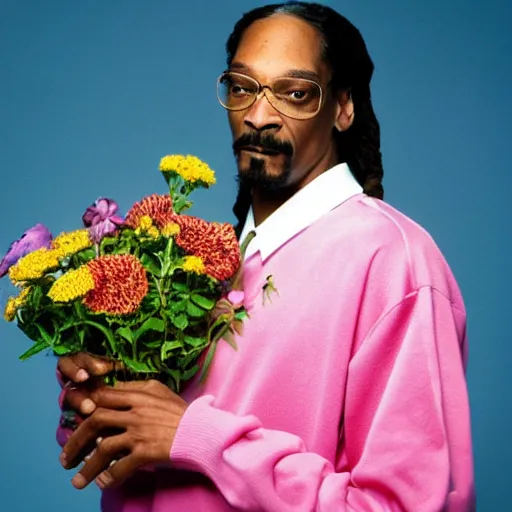 Image similar to Snoop Dogg holding a Vase of flowers for a 1990s sitcom tv show, epic lighting, Studio Photograph, portrait, C 12.0