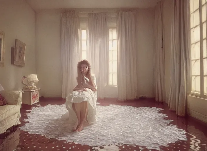 Prompt: kodak portra 4 0 0 photographic, 8 0 s living room, detailed, octane render, 4 k, hyper realistic, floor flooded, how river, a beautiful woman in a white lace dress like the pre - raphaelites is playing dead afloat, wide angle, sharp focus, soft light, volumetric light fog, in the style of gregory crewdson
