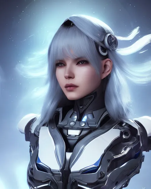 Image similar to perfect android girl on a mothership, warframe armor, beautiful face, scifi, futuristic, galaxy, nebula, raytracing, dreamy, long white hair, blue cyborg eyes, sharp focus, cinematic lighting, highly detailed, artstation, divine, by gauthier leblanc, kazuya takahashi, huifeng huang