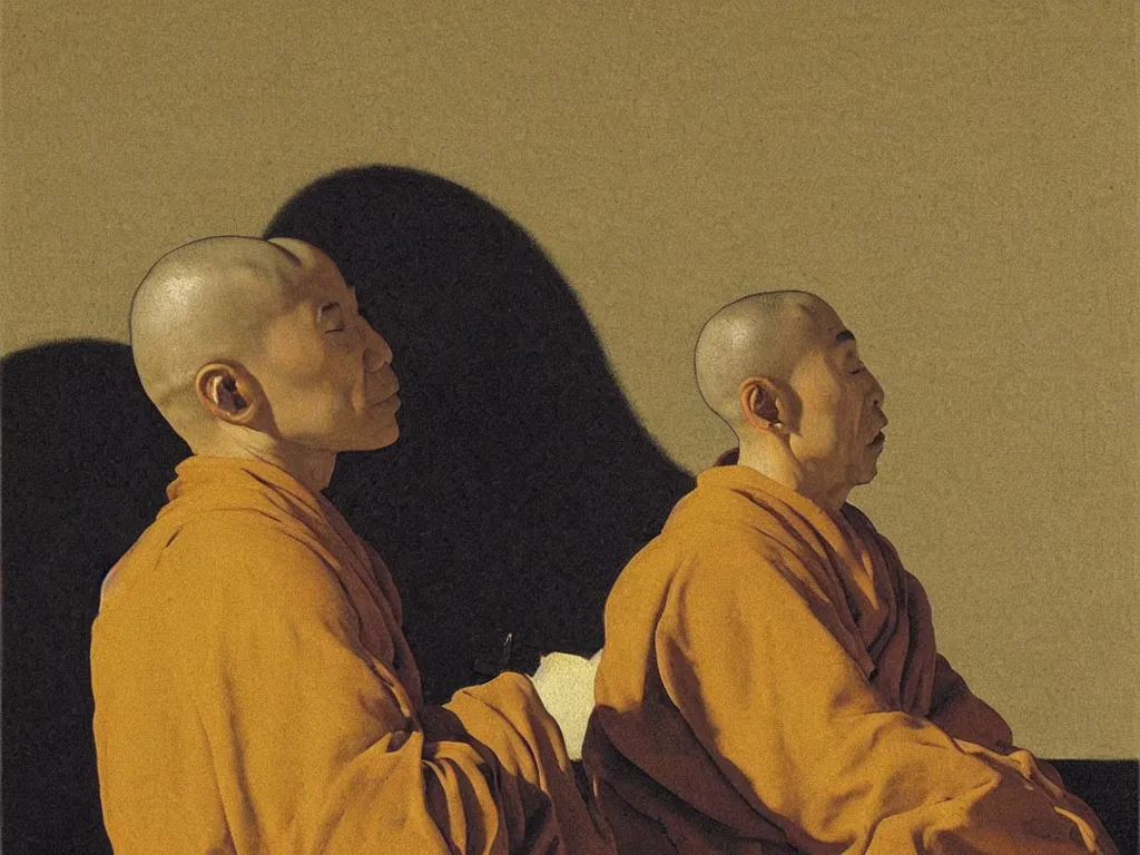 Prompt: Portrait of a Zen monk in trance, with the eyes closed. Still life, grazing light. Painting by Zurbaran