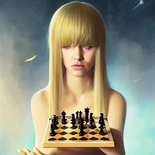 Image similar to beautiful young rimuru tempest playing chess, with amber eyes of golden colored eyes, straight hair, sky blue hair, long bangs, high collar, concept art, award winning photography, digital painting, cinematic, wlop, 8 k, by ross tran, tom bagshaw, andy warhol