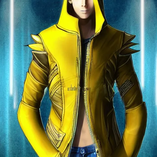 Image similar to elven male, shaggy blonde hair. Wearing modern yellow leather jacket and blue camouflage pants. Modern, concept art, Akikazu Mizuno, phantasy star online, anime