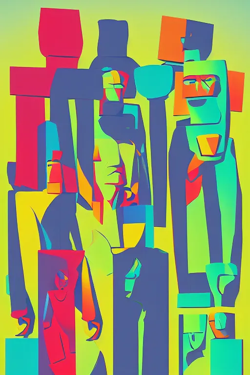 Image similar to cubist moai statue cutout digital illustration cartoon colorful beeple