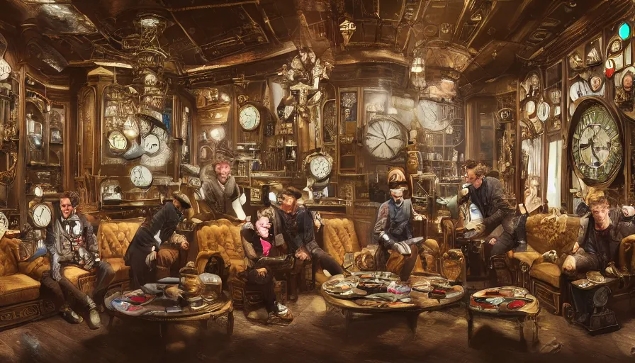 Prompt: coldplay in a circular common room full of antique clocks, high detail, steampunk, fantasy, mechanical, 4 k, trending on artstation