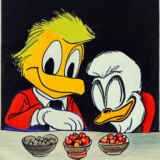 Prompt: donald duck and donald trump realistic face sitting in front of a bowl of stawberries, drawing by rembrandt