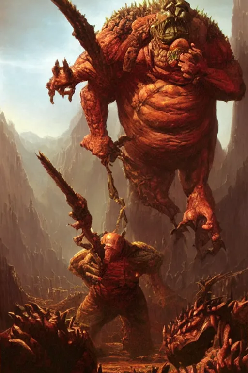 Image similar to a dungeons and dragons ogre, realistic oil painting by Thomas Cole and Wayne Barlowe