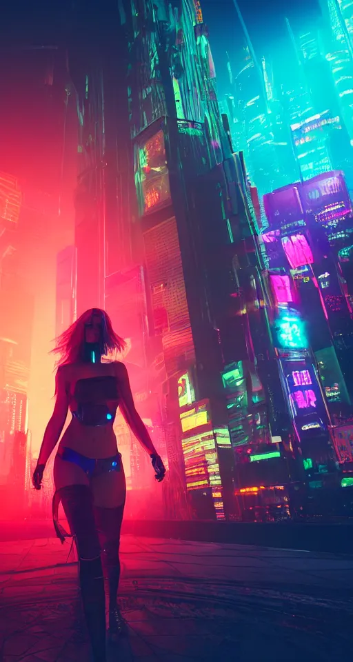 Image similar to cyberpunk women, city, neon lights, glow, sunset, atmospheric, cinematic, retrowave style,