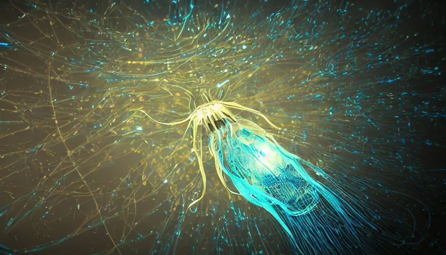 Image similar to Cybernetic Jellyfish with Blue Pulsating strands of light, Digital Art, Rendering, Octane, Redshift