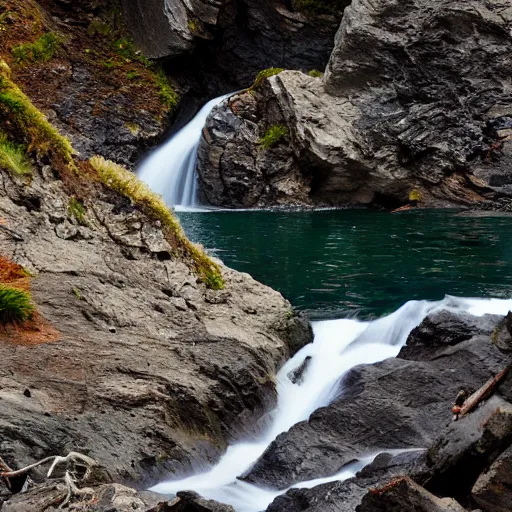 Image similar to A waterfall flowing over a cliff into a rocky cove below, detailed, sharp focus, dynamic lighting, 100mm lens by Alyn Spiller and Alayna Danner