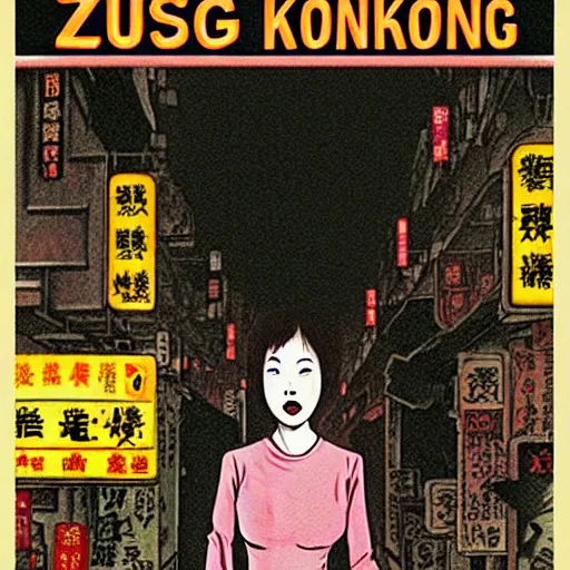 Image similar to glossy old advertising poster, young woman walking through crowded hong kong street, vendors, zombies, horror, drawn comic by junji ito, pastels, gradient,