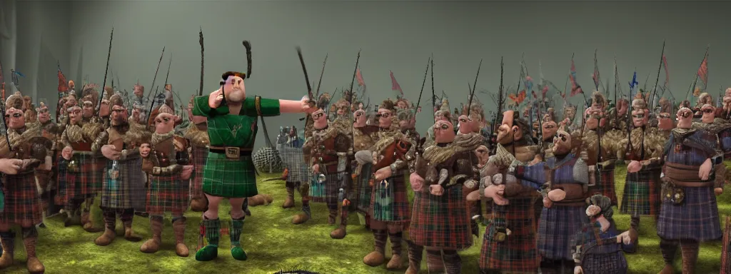 Image similar to William wallace giving speech in front of an army of Scottish highlanders, claymation, wallace and grommit, realistic volumetric lighting