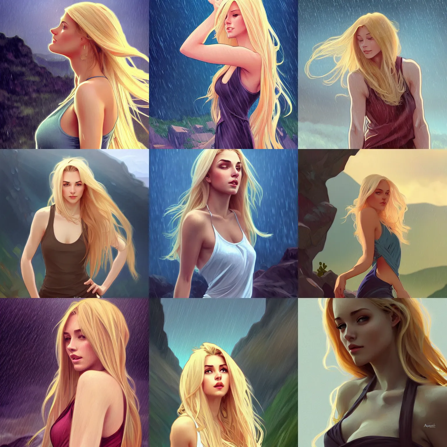 Prompt: a gorgeous woman with long light-blonde hair wearing a low cut tanktop, standing in the rain on top of a mountain, digital painting, artstation, concept art, sharp focus, illustration, art by artgerm and alphonse mucha