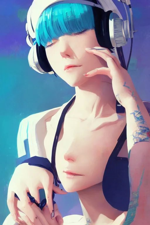 Image similar to a cute young woman listening to music with her eyes closed and wearing headphones, white bob cut hair, cyberpunk setting, e-girl, tattoos, blue and white, vivid colors, soft lighting, atmospheric, cinematic, moody, in the style of Ilya Kuvshinov and Range Murata, Krenz Cushart, oil on canvas, 8k