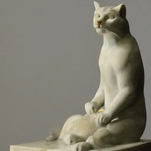 Image similar to a cat is sitting, marble statue, antique style, dramatic lightning,
