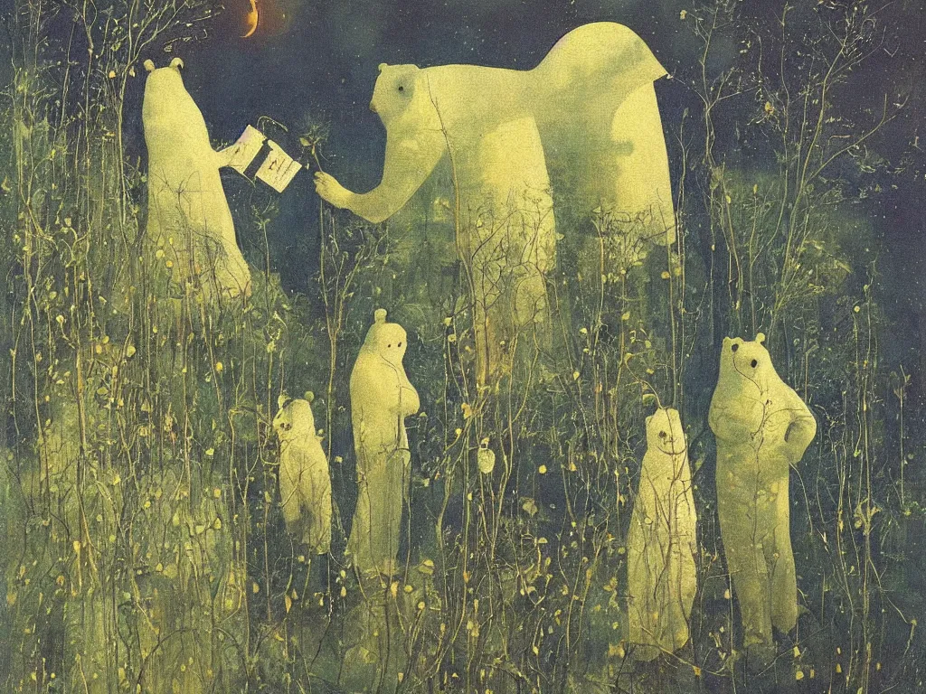 Image similar to man in white beekeeper polar bear suit with fireflies in the thorn garden, small devil creatures. painting by mikalojus konstantinas ciurlionis, bosch, max ernst, agnes pelton, rene magritte