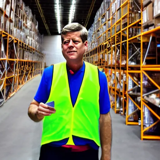 Image similar to photo, close up, john f kennedy in a hi vis vest, in warehouse, android cameraphone, 2 6 mm,