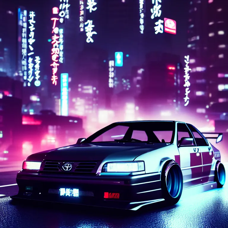 Prompt: toyota jzx 1 0 0 drift, detailed - wheels, shibuya prefecture, with cyberpunk girl standing, cinematic lighting, photorealistic, night photography, octane render