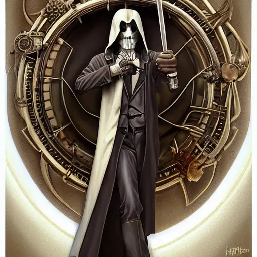 Image similar to amazing lifelike award winning clockwork grim reaper trending on art station artgerm Greg rutowski alpgonse mucha cinematic