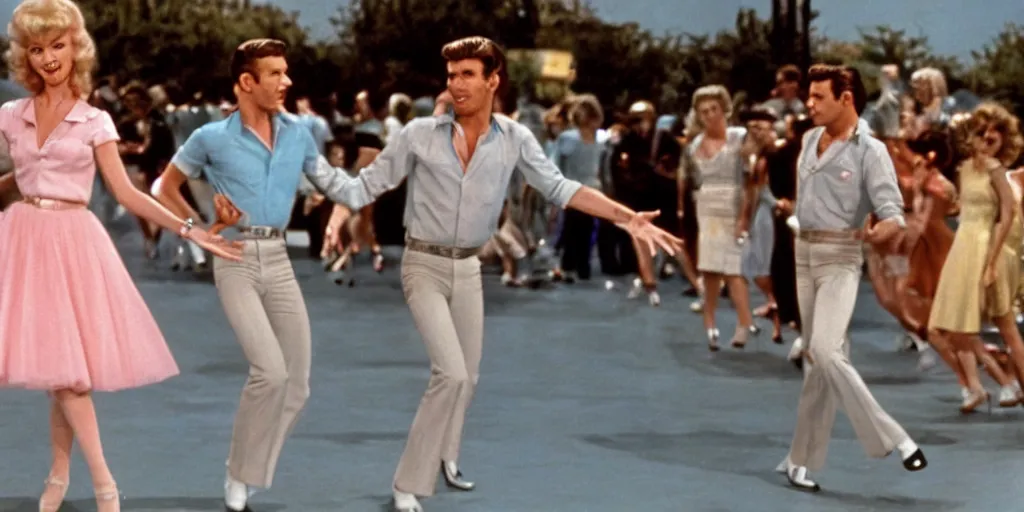 Image similar to Still of Grease (1976) featuring a tap dance by Fred Astaire and Ginger Rogers, cinematic, technicolor