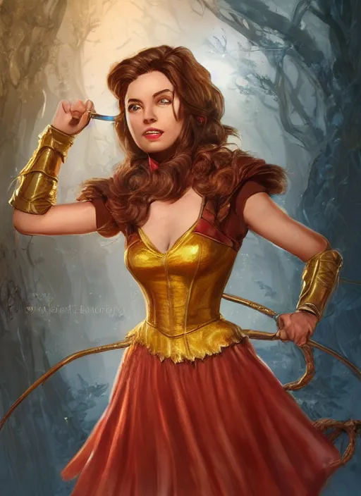 Image similar to beautiful female dorothy gale, rebecca romijn as dorothy, full body character concept, full leather armor, super powers, fantasy, intricate, elegant, highly detailed, digital painting, artstation, concept art, shining, sharp focus, illustration, art by stanley lau