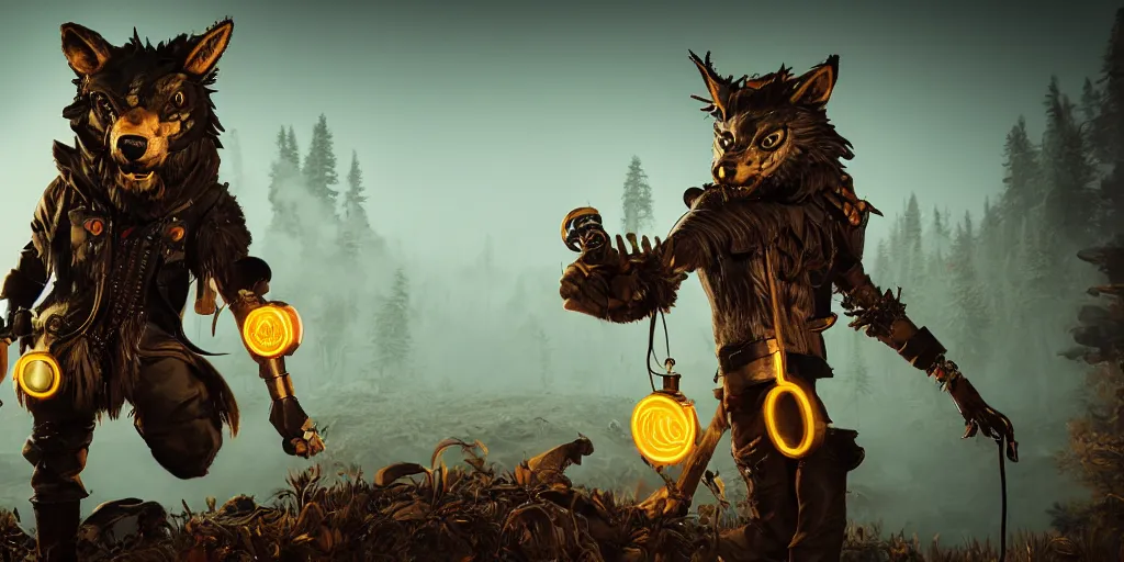 Image similar to woodsman wearing a steampunk and neonpunk mechanical fluorescent mystical animal mask in strange misty mountain landscape fight with werewolf, night, realism in style of fornite game, 4 k, octane render, award winning photograph, epic cinematic shot, perfectly defined features, ambient occlusion