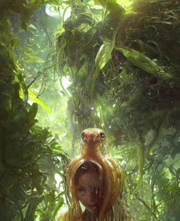 Prompt: portrait of a wet slimy alien insect creature, adorable, childlike, overgrown environment, ultra realistic, concept art, psychedelic, photorealistic, octane render, 8 k, unreal engine. art by christopher marley and artgerm and greg rutkowski and alphonse mucha