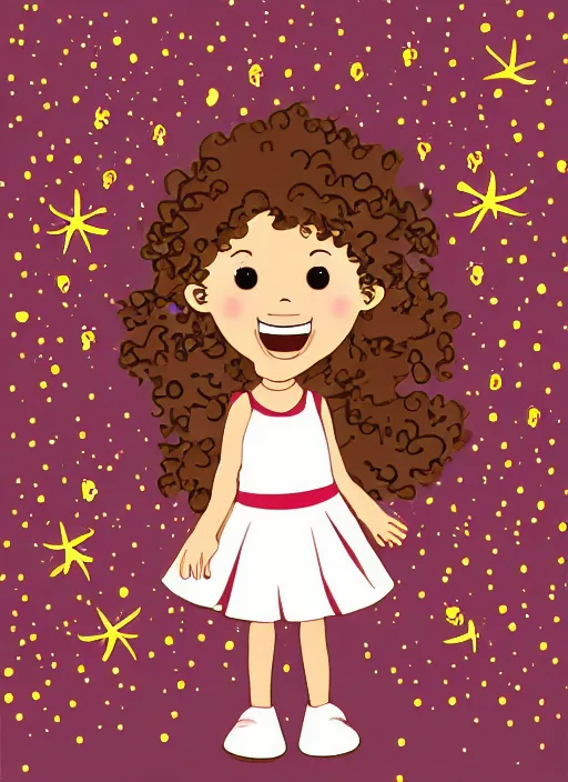 Prompt: line art of a cute little girl with short curly brown hair with a happy expression wearing a summer dress dancing with fireflies