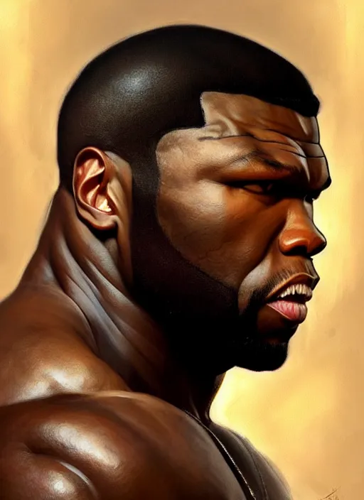 Image similar to Portrait of 50 cent, D&D, muscular, fantasy, intricate, elegant, highly detailed, digital painting, artstation, concept art, smooth, sharp focus, illustration, art by artgerm and greg rutkowski and alphonse mucha