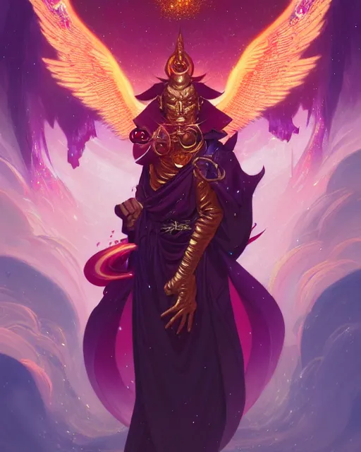 Image similar to a character portrait of only one male angel of justice with golden fiery wings, surrounded with spiriling sparkling rose crystals and galaxies, by peter mohrbacher, hyper light drifter, jim burns, greg rutkowski, in ukiyo - e style trending on artstation