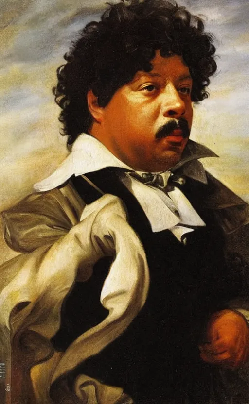 Image similar to Portrait of Alexandre Dumas, oil on canvas, highly detailed, by Delacroix, 8k