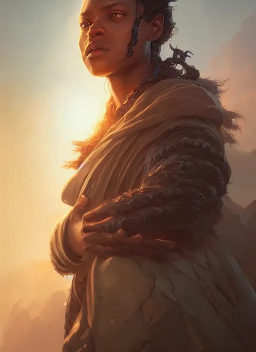 Image similar to highly detailed portrait of protagonist from elden ring, brown skin, adventure game, d & d, fantasy art by greg rutkowski, stanley artgerm, loish, rhads, tom bagshaw, global illumination, radiant light, detailed and intricate environment