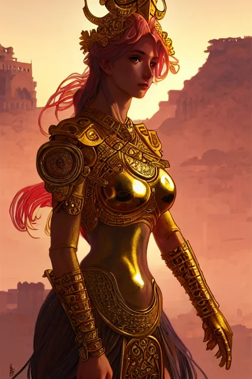 Image similar to portrait knights of zodiac girl, golden and copper shining armor, in ruined agora of athens sunrise, ssci - fi and fantasy, intricate and very very beautiful and elegant, highly detailed, digital painting, artstation, concept art, smooth and sharp focus, illustration, art by tian zi and wlop and ilya kuvshinov and alphonse mucha