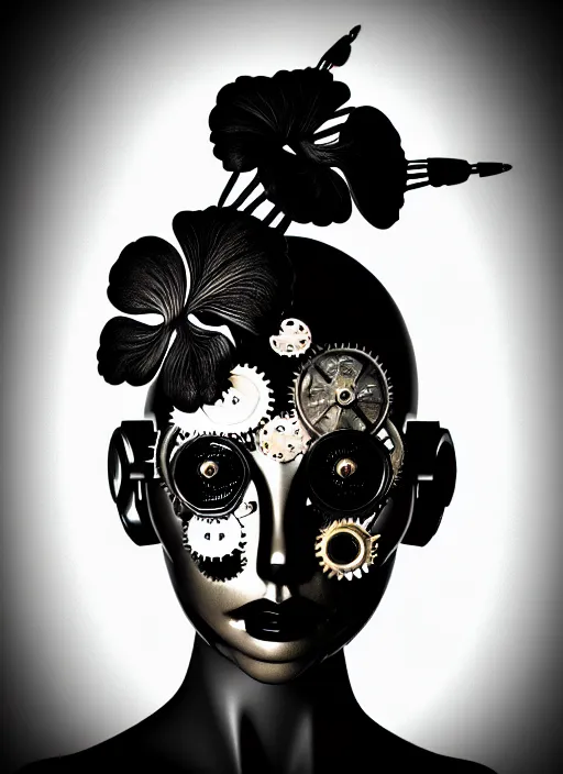 Prompt: black and white dreamy foggy profile face portrait, one steampunk eye biomechanical beautiful young female cyclope - cyborg - robot bust, body ribs meshes,, volumetric light, hibiscus flowers, by hg giger, rim light, by dora maar and cecile beaton, big gothic fashion pearl embroidered collar, 8 k