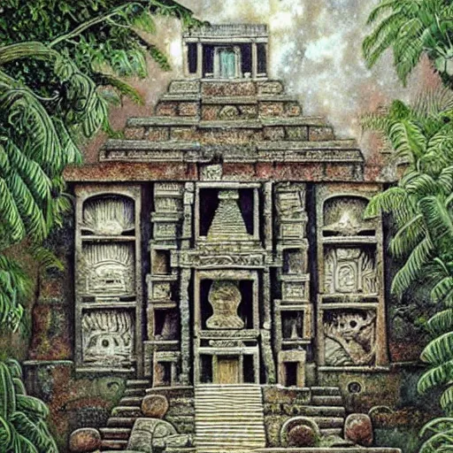 Image similar to ancient maya temple, art by daniel merriam, high details, complex decorations, beautiful view, mystical, very old, vines, hidden place, mysterious, enigmatic