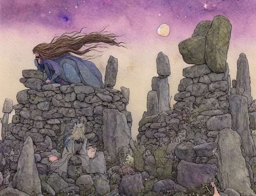 Image similar to a hyperrealist studio ghibli watercolor fantasy concept art of a giant long haired grey witch in lotus position sitting on top of the stones of stonehenge with a starry sky in the background. a ufo is in the sky. by rebecca guay, michael kaluta, charles vess