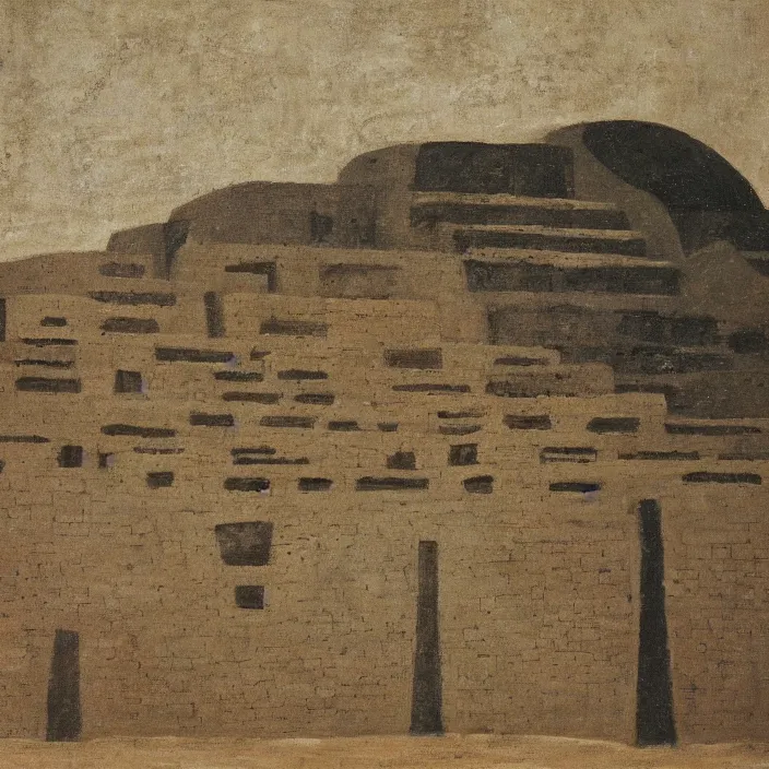 Prompt: a building in a serene landscape, ancient mesoamerican painting