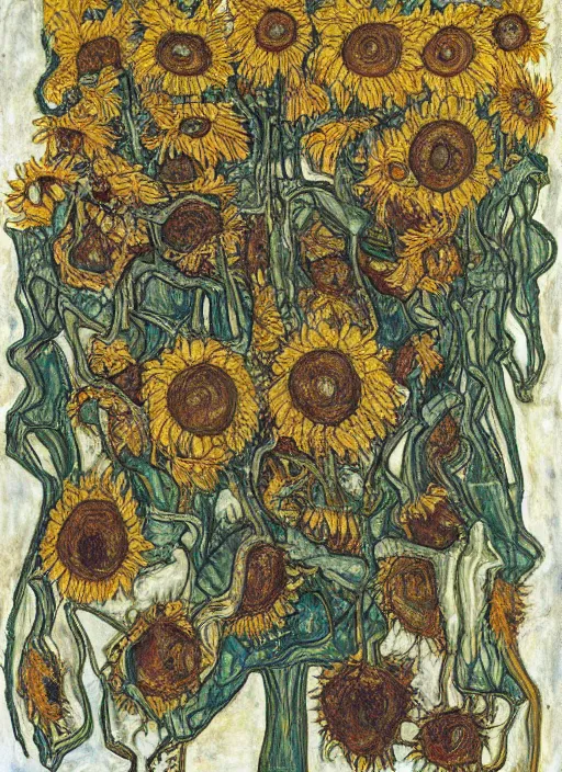 Image similar to an intricate drawing from observation of intertwined sunflowers, some sunflowers dead, some are blooming or crumbling, by Egon Schiele and Piet Mondrian, colors of Mark Rothko