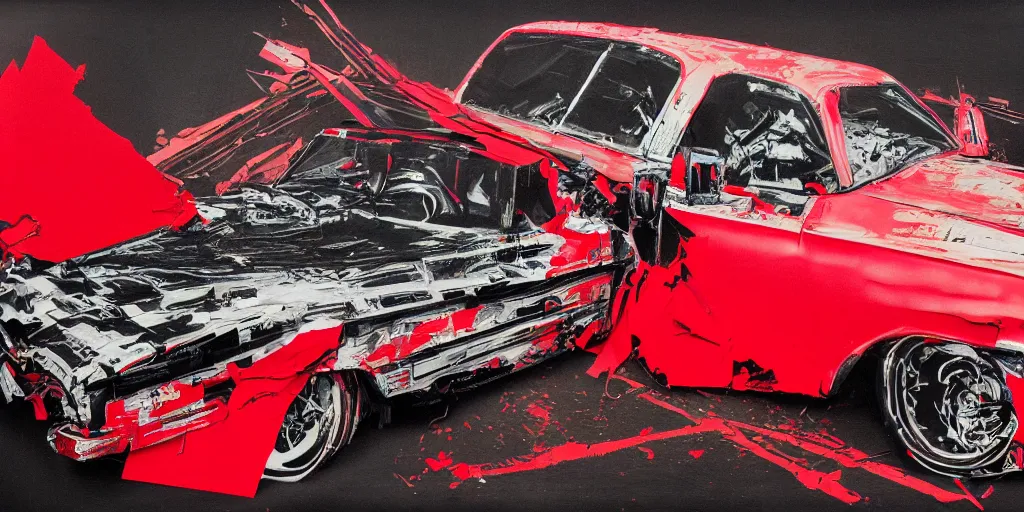 Prompt: lowrider crash test, collage paper and tape, black and red spray paint, acrylic on canvas, hyperrealism mixed with expressionism, high resolution, cinematic, unreal 6 breathtaking detailed, by blake neubert, by matt sesow