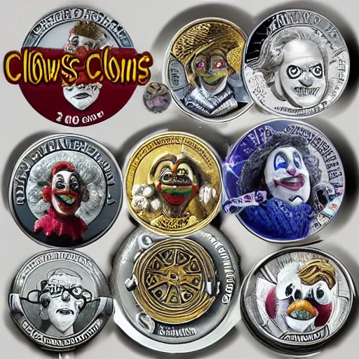 Image similar to The money of clowns coins, photo realistic, highly-detailed, award-winning