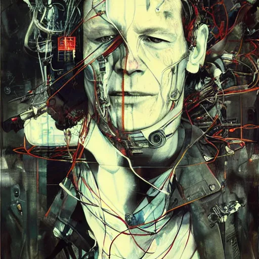 Prompt: thomas jane as a cyberpunk noir detective, skulls, wires cybernetic implants, machine noir grimcore, in the style of adrian ghenie esao andrews jenny saville surrealism dark art by james jean takato yamamoto and by ashley wood