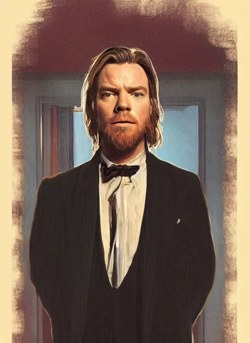 Prompt: portrait of Ewan Mcgregor in The Shining (1980), highly detailed, centered, solid color background, digital painting, artstation, concept art, smooth, sharp focus, illustration, artgerm, donato giancola, Joseph Christian Leyendecker, Les Edwards, Ed Repka, WLOP, Artgerm