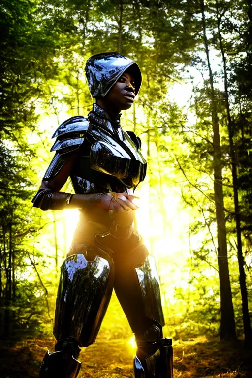 Image similar to hyperrealistic mithra goregous black woman exoskeleton armor in a forest sun behind her concept art eric zener elson peter cinematic side soft yellow light low angle hd 8k sharp shallow depth of field