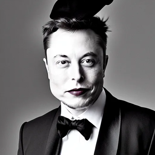 Image similar to a glamorous black and white portrait of elon musk with a hat, in the style of helmut newton